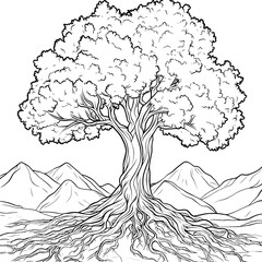 tree of life with roots black and white outline only