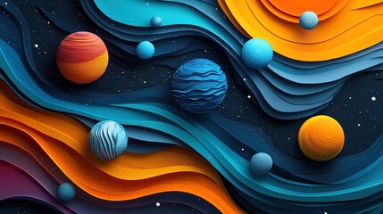 Poster - Celestial bodies floating in abstract waves digital art vibrant space cosmic environment creative perspective