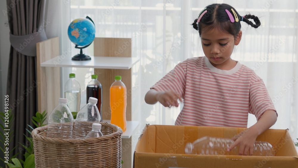 Asian little Girls dump plastic bottles in recycling boxes to reduce ...