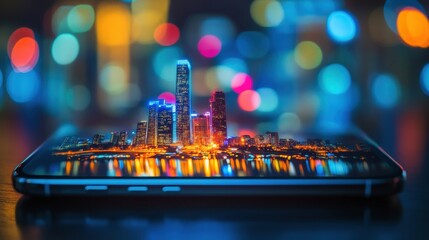 Leinwandbilder - Tiny cityscape emerges from glowing smartphone screen in vibrant urban setting at night. Generative AI