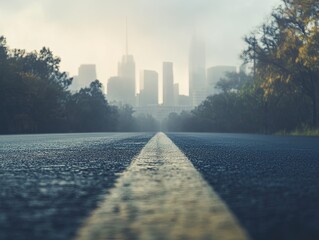 City skyline view from misty road; sunrise, travel, urban landscape, website banner