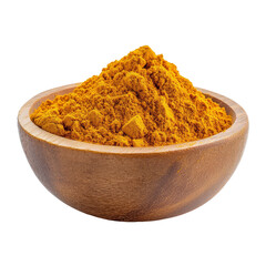 Wall Mural - Turmeric curcuma powder heap in a wooden bowl on a clean transparent background, Turmeric Curcuma powder pile in wood bowl isolated on transparent background