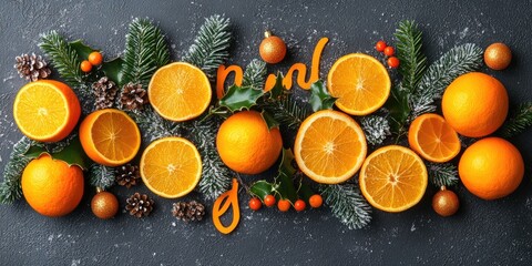 Canvas Print - Festive oranges, pine, holly, dark background.  Holiday food, winter