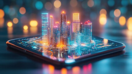 Fototapete - Tiny cityscape emerges from glowing smartphone screen, showcasing innovative digital landscape in vibrant colors. Generative AI