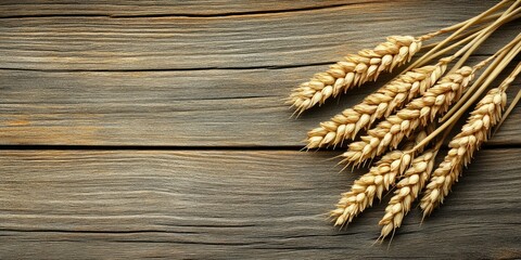 Poster - Wheat stalks on rustic wood; harvest, agriculture, food background