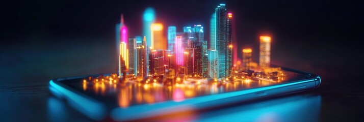 Aufkleber - Tiny cityscape emerges from glowing smartphone screen showcasing urban vibrance and technological innovation at night. Generative AI