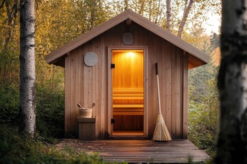 Poster - Traditional wooden sauna nestled among trees in a serene forest setting during golden hour. Generative AI