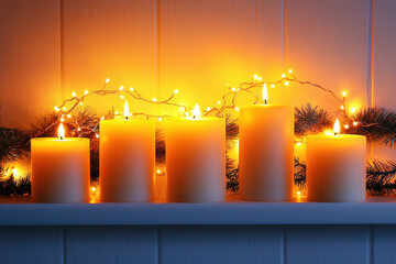 Canvas Print - candle and fairy lights border, isolated on white background