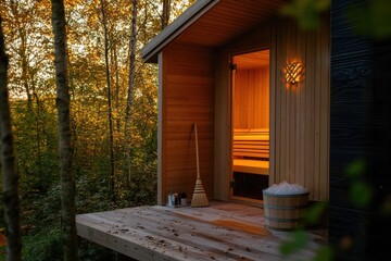 Poster - Traditional wooden sauna nestled among lush trees at sunset providing a tranquil escape. Generative AI