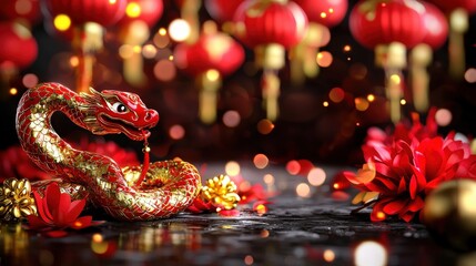 Canvas Print - Elegant Decorative Dragon Figurine with Red Lanterns and Flowers