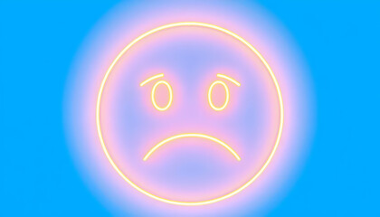 Poster - Neon Sad Face Sign with Bright Blue Background Expressing Emotions in Modern Art