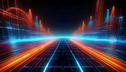 Poster - A vibrant, futuristic digital landscape with glowing lines and grids, evoking a sense of speed and technology.