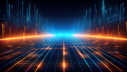 Poster - A futuristic digital landscape with glowing gridlines and vibrant colors, creating an immersive 3D effect.