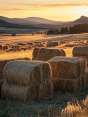 Poster - Golden hay bales spread across a vast landscape during sunset in the countryside. Generative AI