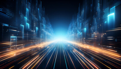 Poster - A vibrant digital landscape with streaks of light and abstract structures, conveying a sense of speed and futuristic technology.