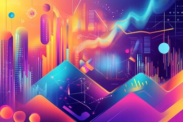 Poster - Colorful, abstract painting of a cityscape with mountains in the background