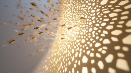 Swarm of insects flying towards a light source illuminating a patterned surface.