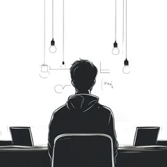 Poster - Man is sitting in front of a computer with a hoodie on