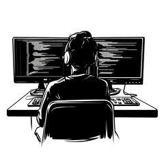 Poster - Man is sitting in front of a computer monitor with a keyboard and a mouse