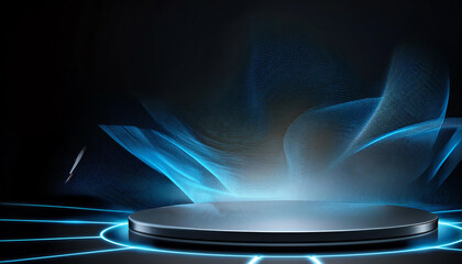 Poster - A futuristic stage with glowing blue waves and a circular platform, set against a dark background, creating a dynamic visual effect.