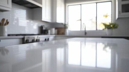 Wall Mural - modern kitchen interior with bright natural light, sleek white countertops, minimalist decor, and a clean, inviting cooking space.