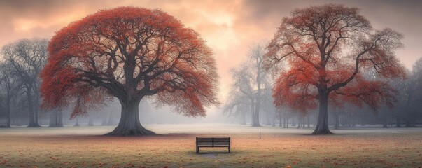 Wall Mural - Autumn park bench, red trees, misty sunrise. Peaceful scene