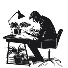 Poster - Man is sitting at a desk writing