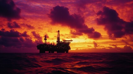Poster - Oil rig silhouetted against a vibrant sunset sky over the ocean horizon creating a breathtaking atmosphere. Generative AI
