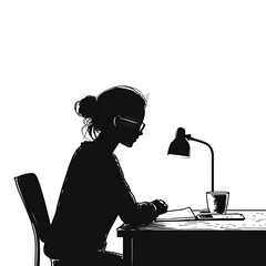 Poster - Woman is sitting at a desk with a book in front of her