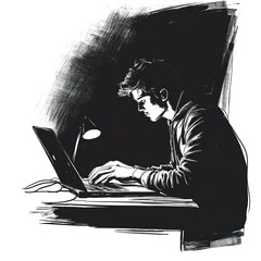 Poster - Man is sitting at a desk with a laptop open in front of him