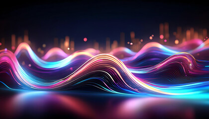 Poster - A vibrant, abstract representation of flowing waves with neon colors, set against a dark background, evoking energy and motion.