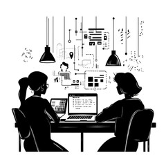 Poster - Two women sitting at a desk with laptops and a white background