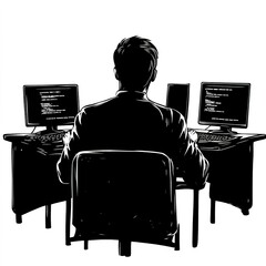 Poster - Man is sitting at a desk with three computer monitors in front of him