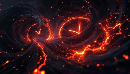 Wall Mural - abstract fiery clocks swirling in dark space. concept of time, energy, and chaos.