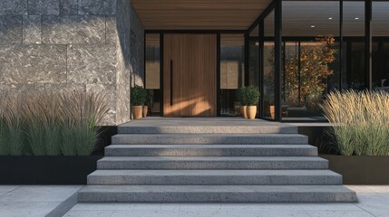 A sleek overlay-style home with textured gray stone, teak wood panels, and black-trimmed wooden doors