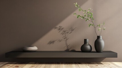 A contemporary living space with a dark brown wall, light oak floors