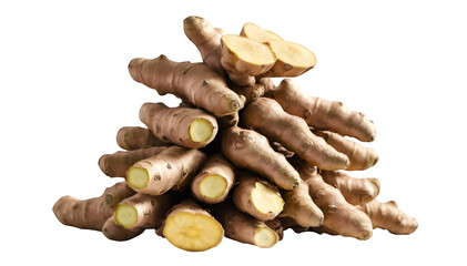 Wall Mural - Ginger roots stacked on one another, creating a balanced pile on a white background.