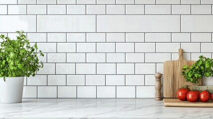 Wall Mural - modern kitchen counter with marble surface, wooden cutting board, potted herbs, sunlight on tiled backsplash, minimal and fresh design.