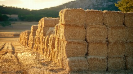 Aufkleber - Bales of hay stacked in a farm field during sunset with a mountainous backdrop and golden light. Generative AI