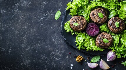 Canvas Print - Juicy meat patties with lettuce, beetroot, and spices.  Recipe background, food blog use