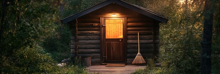 Aufkleber - Traditional wooden sauna nestled among lush trees creates a serene escape in nature during golden hour. Generative AI