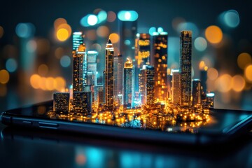 Fototapete - Tiny cityscape emerges from glowing smartphone screen in a vibrant urban environment at night. Generative AI