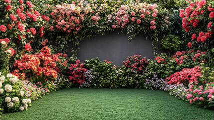 Wall Mural - Blooming Garden with Dark Wall Background, flowers, roses, azaleas, hydrangeas, blossom