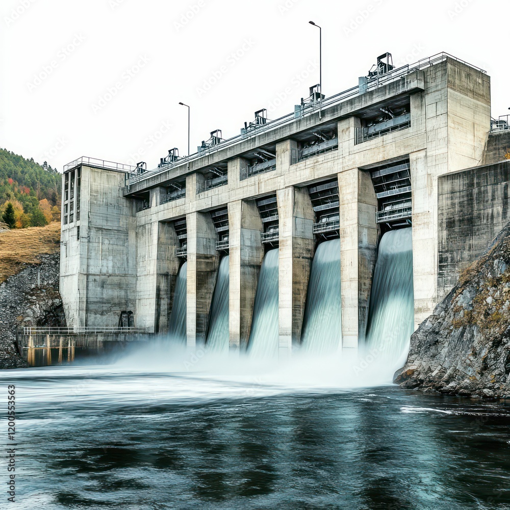 hydroelectric dam with cascading water flow, industrial structure ...