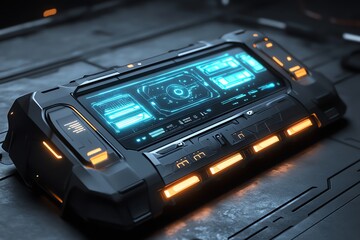 Poster - Futuristic Tech Device: Sleek Black Console with Glowing Cyan Interface