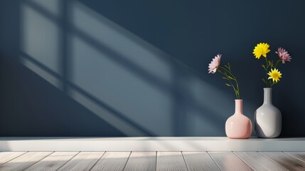 Wall Mural - A modern interior featuring a dark navy wall, light bamboo floors