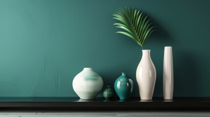 Wall Mural - A modern interior featuring a dark teal wall, light ash floors