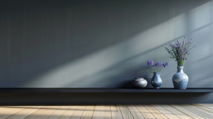 Wall Mural - A modern interior with a dark olive wall, light maple floors