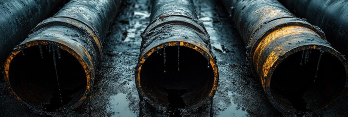 Leinwandbilder - Industrial pipes with black oil dripping in a processing facility during daylight hours. Generative AI