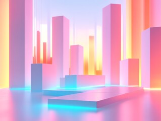 Poster - Pastel Cityscape: A Dreamlike Neon Geometric Art Scene